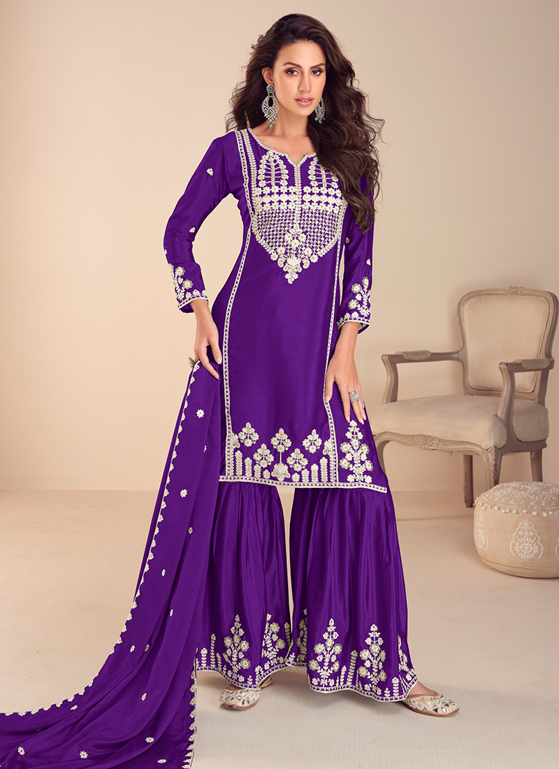 Designer Chinnon Silk Sequence Work Orange Color Sharara Suit